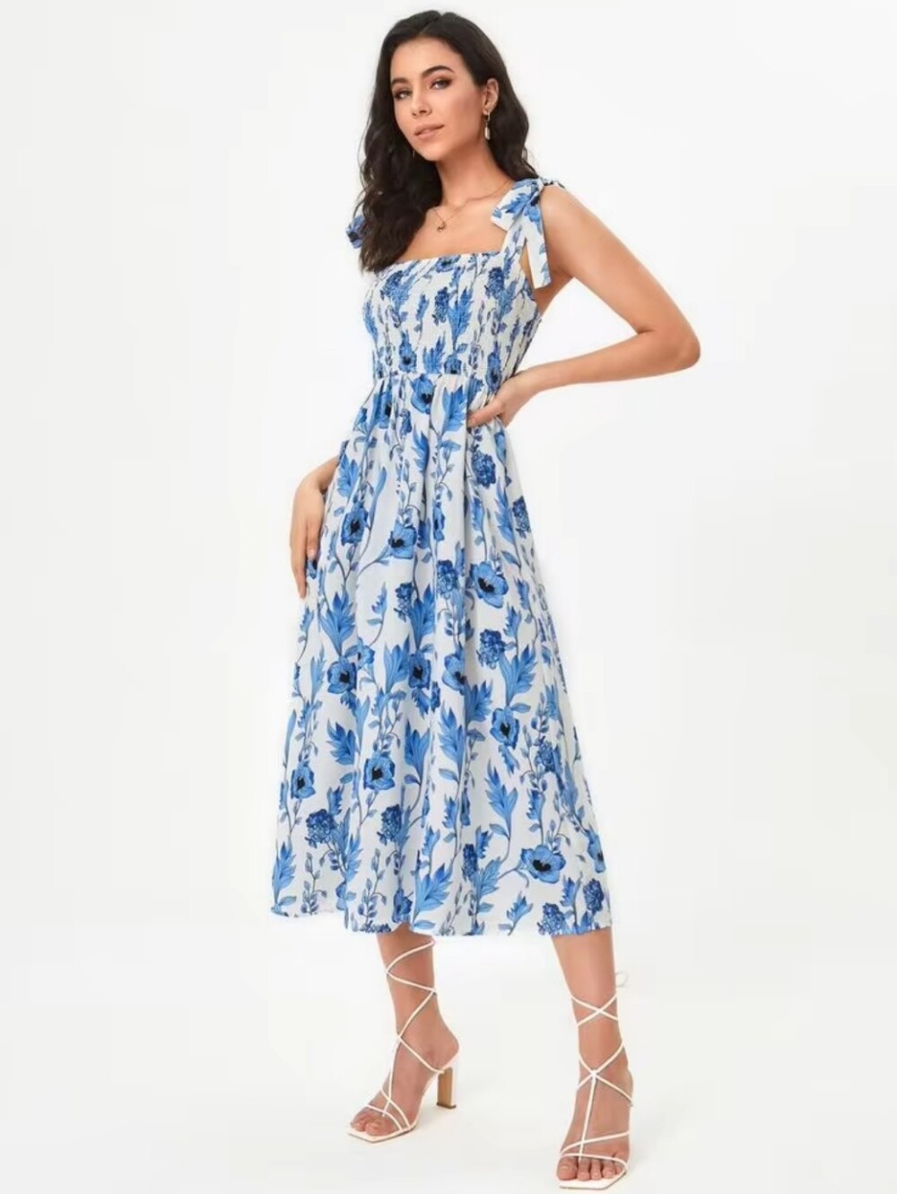Floerns Blue Floral Print Tie Strap Square Neck Ruffle Boho Smocked midi Dress M